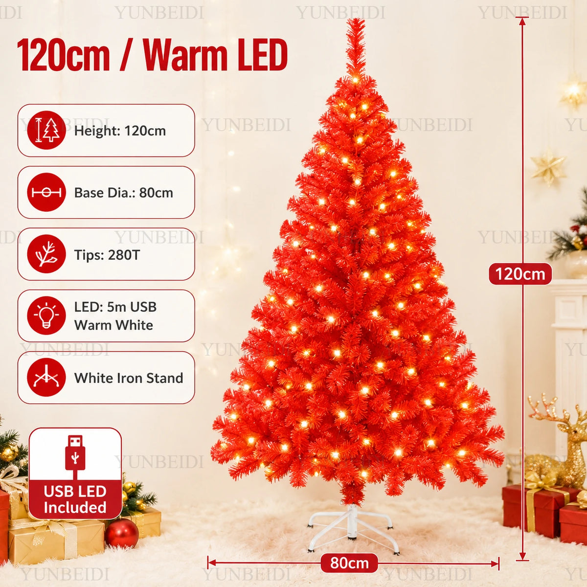 Red Artificial Christmas Tree, 120–240 cm PVC Holiday Tree with Optional Warm White USB LED Lights for Indoor Decorating
