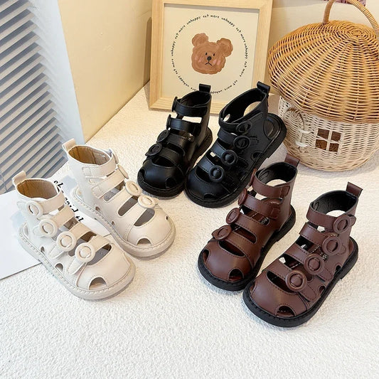 Kids High-Top Beach Shoes – Hollowed-Out Princess Sandals with Hook & Loop Strap | Trendy Summer Solid Color Children’s Sandals