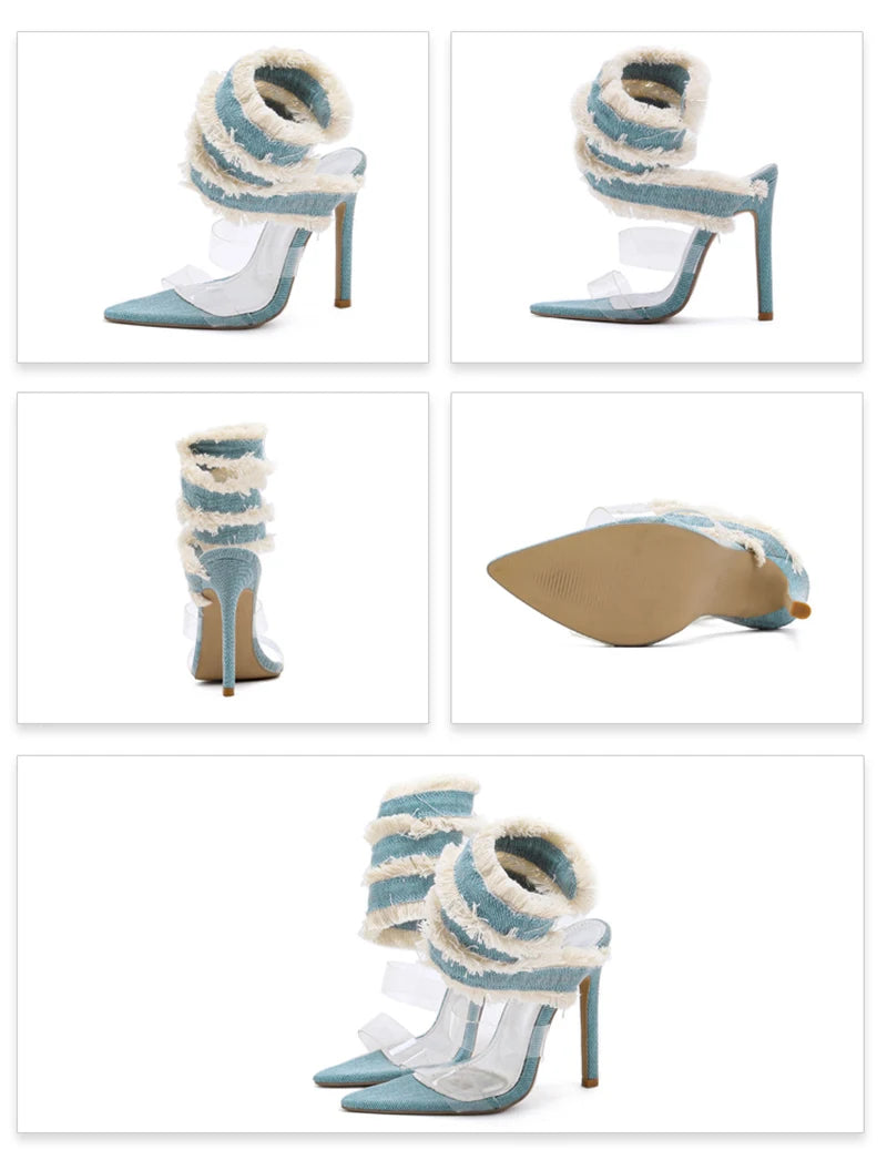 Women's Denim Ankle Strap Snake Wrap Sandals – Transparent PVC High Heels, Party & Evening Shoes