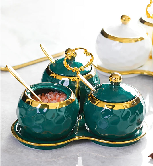 Creative Seasoning Jar Sugar Bowl Green Gold Edge Glass Jar Ceramic Pepper Chili Box Household Seasoning Box Kitchen Supplies