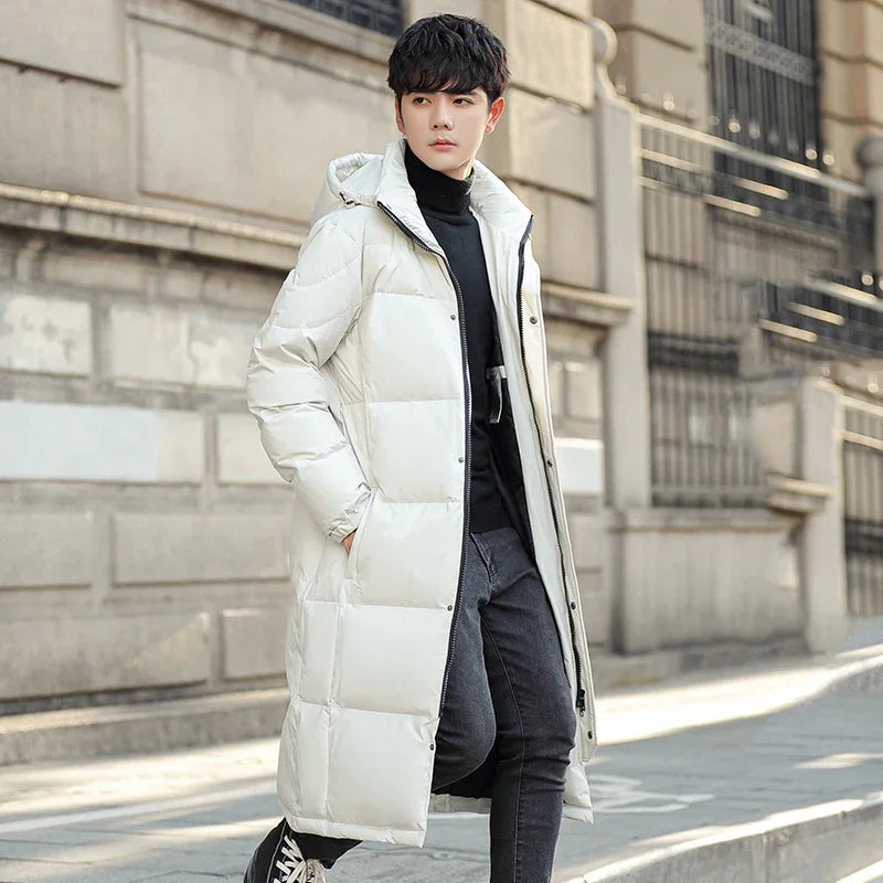 Winter Long White Down Jackets Men Women Hooded Thick Warm Over-the-Knee Puffer Jacket Man Overcoats Couple Padded Down Coat