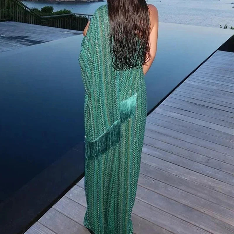 2025 Vintage Glam Off-Shoulder Maxi Dress for Women – Elegant Striped Tassel Design with Matching Scarf, Long Sleeve Evening Party Gown