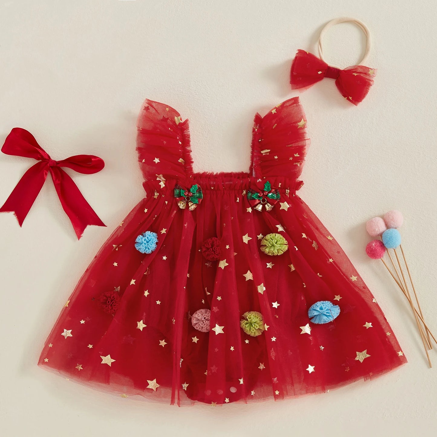 Infant Girl Christmas Romper – Princess Style Jumpsuit with Bells & Matching Headband