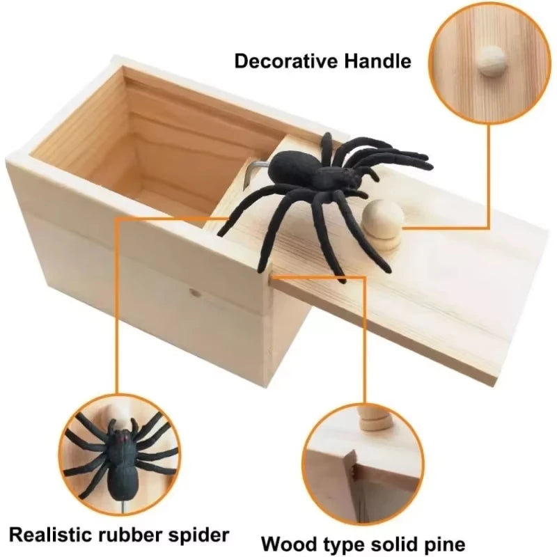 Pop-Out Spider Prank Box – Handmade Wooden Scare Box with Rubber Spider, Funny Surprise Joke Toy for Parties and Halloween