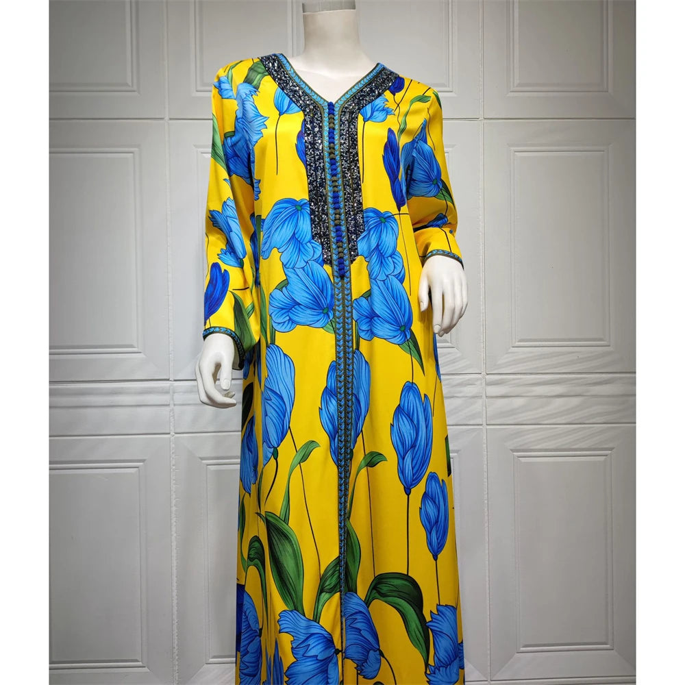 Elegant Ethnic Print Abaya Maxi Dress for Women – Muslim Jalabiya Modest Kaftan for Spring & Autumn