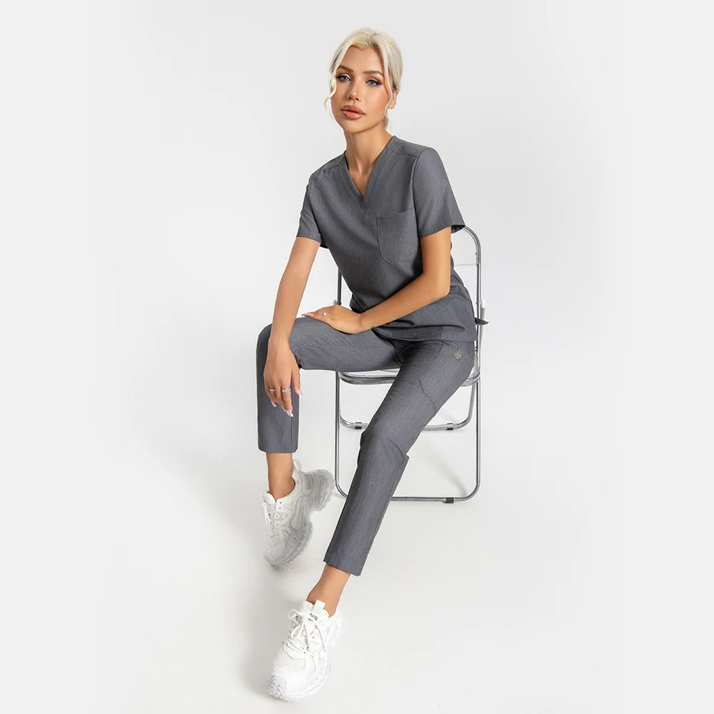 Women’s Antibacterial Scrubs Set – Soft V-Neck Top & Wrinkle-Resistant Pants