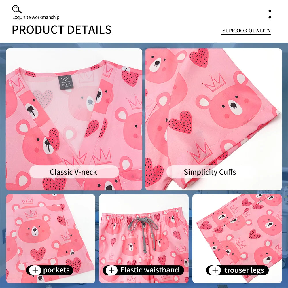 Women's Trendy Print Medical Scrub Set – Stretchy, Soft Hospital Uniform with Top and Pants – Ideal for Nurses, Doctors, and Veterinary Clinics