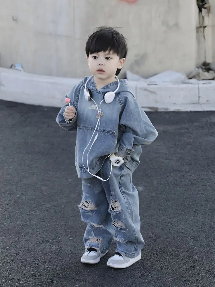 Jacket Hoodies + Jeans 2 Pcs Set Autumn Spring Vintage Children’s Clothing Boy Denim Hole Pants Kids Hooded Pullover Top