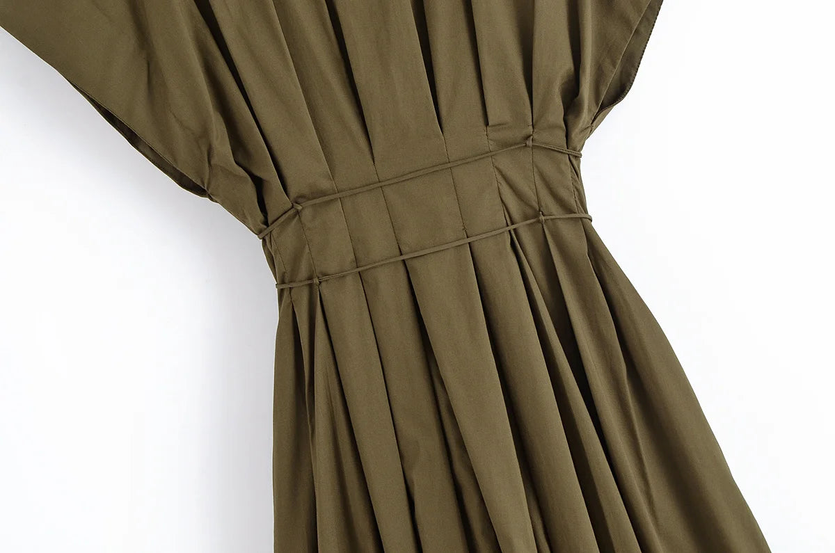 Women's Elegant V-Neck Long Dress – Short Sleeve Lace-Up Bow Waist Casual Dress