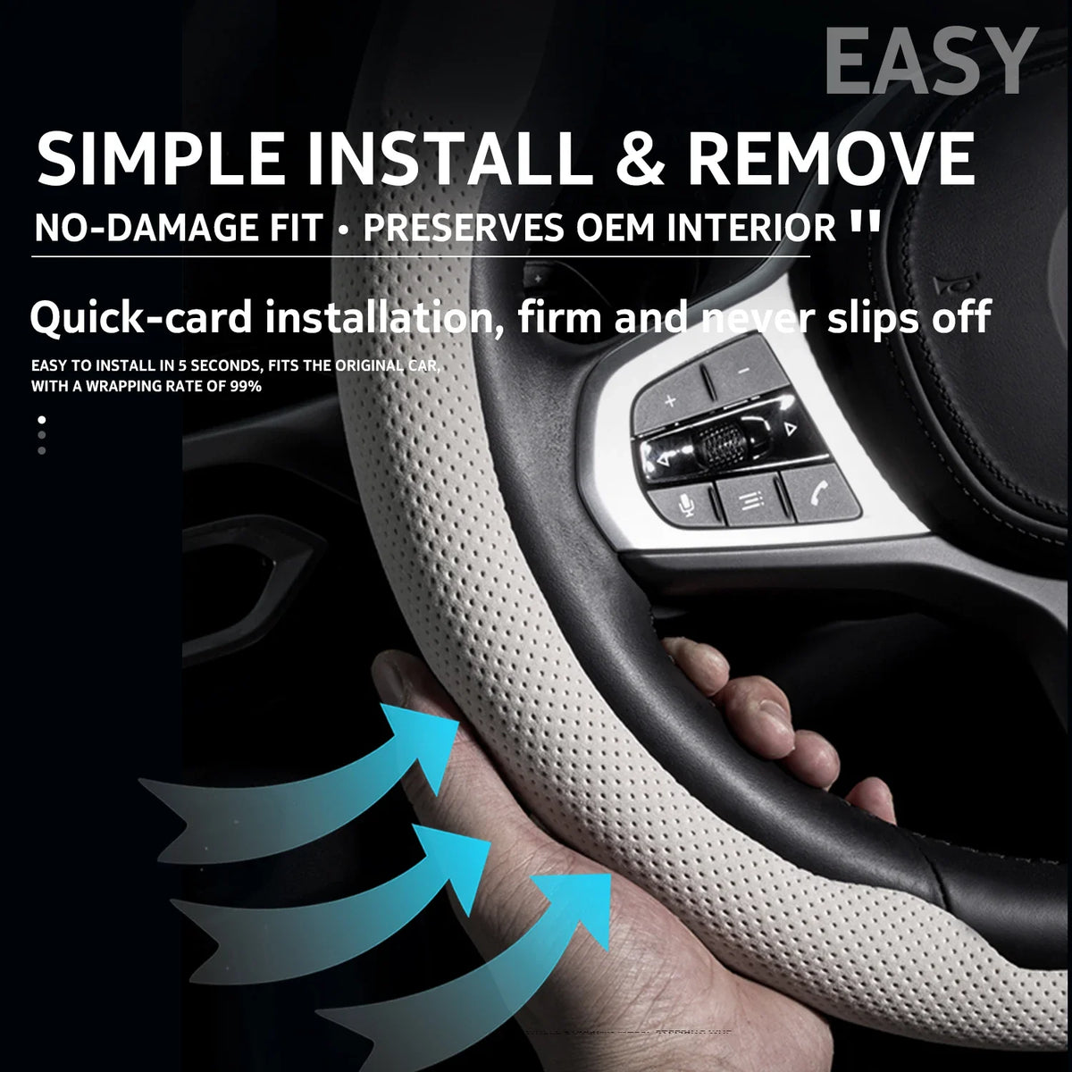 Textured Faux Leather Car Steering Wheel Cover, 38 cm