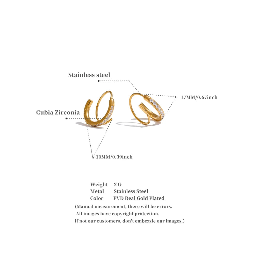 Stainless Steel Twisted Hoop Earrings with Cubic Zirconia for Women – Double-Look Design, Waterproof Fashion Jewelry