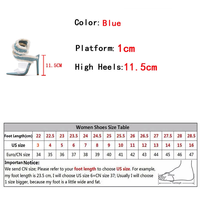 Women's Denim Ankle Strap Snake Wrap Sandals – Transparent PVC High Heels, Party & Evening Shoes