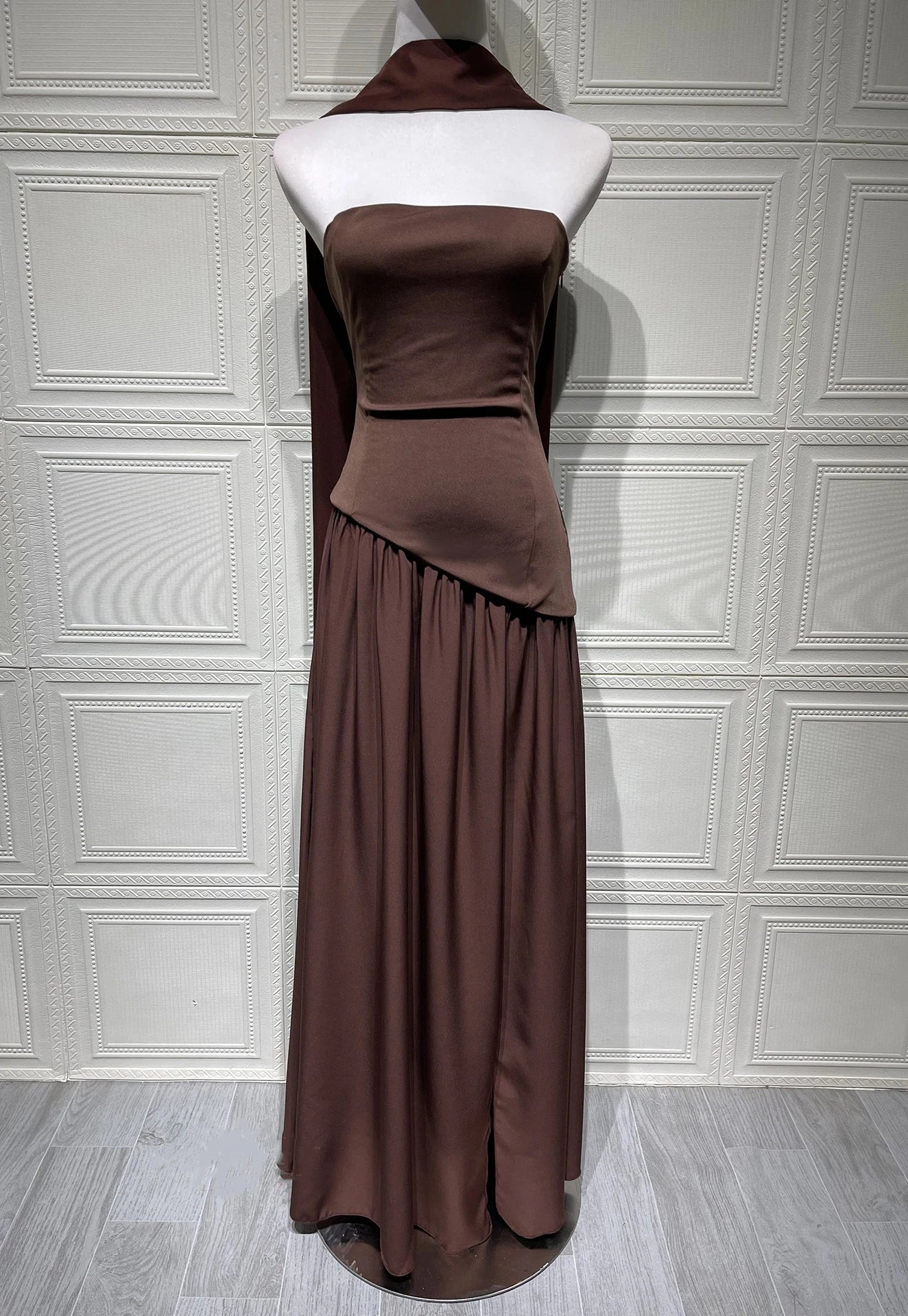 Elegant Pleated Long Dress for Women – Off-Shoulder, Scarf Neck, High Slit | Party & Evening Gown