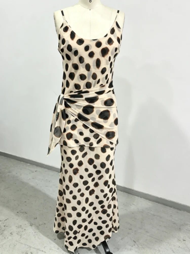 Women's Elegant Animal Print Maxi Dress with Detachable Scarf – Spaghetti Strap, Tie Waist, Slim Fit, Sleeveless Long Dress for Summer, Vacation, Party & Holiday