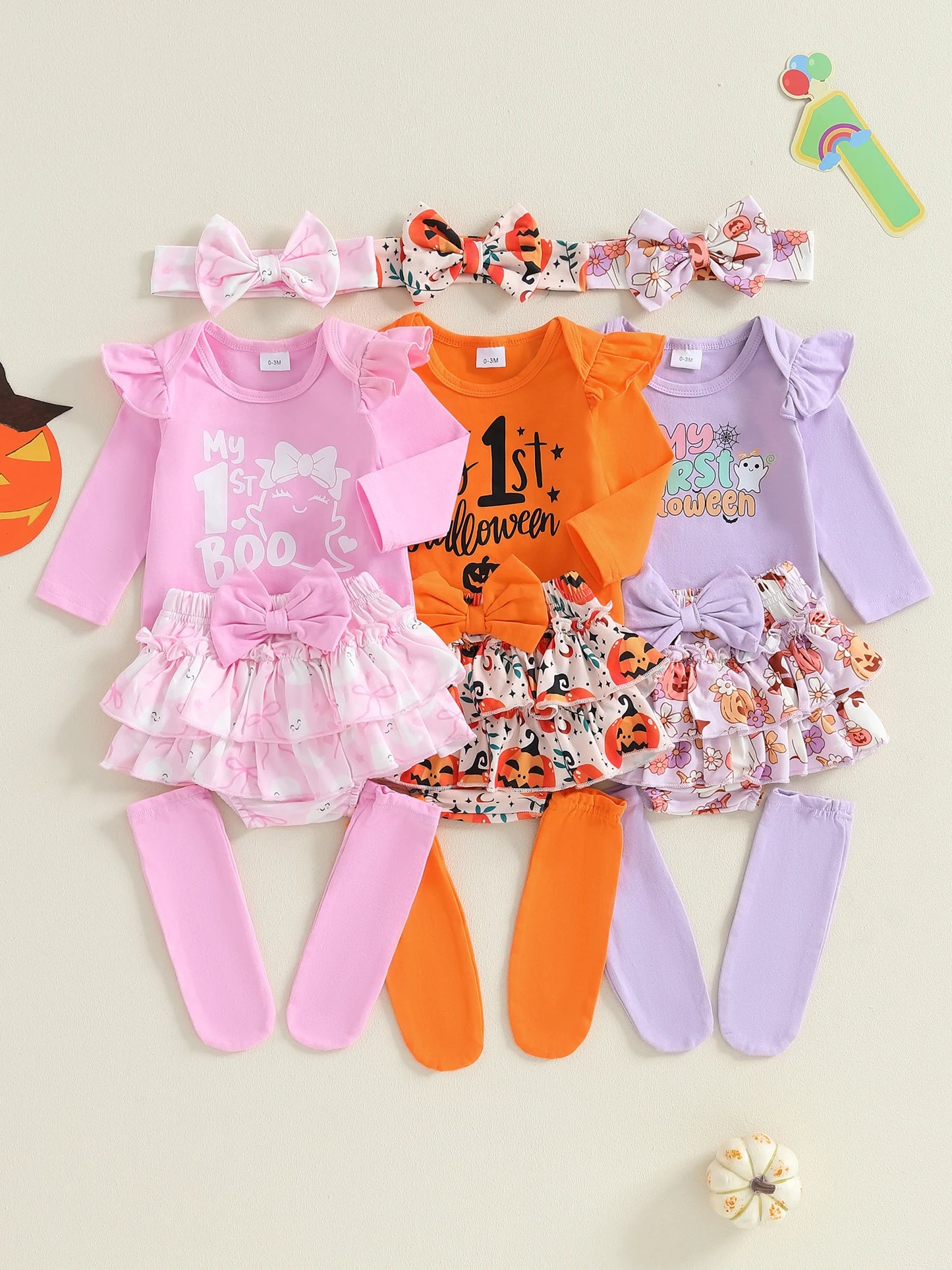 Baby Girls Halloween Outfit – Long Sleeve Romper, Ruffle Shorts, Headband & Socks Set