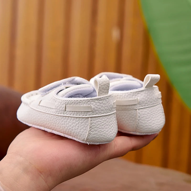 Baby Soft-Sole Loafer Shoes with Hook-and-Loop Straps, PU Leather Prewalker Moccasin Style