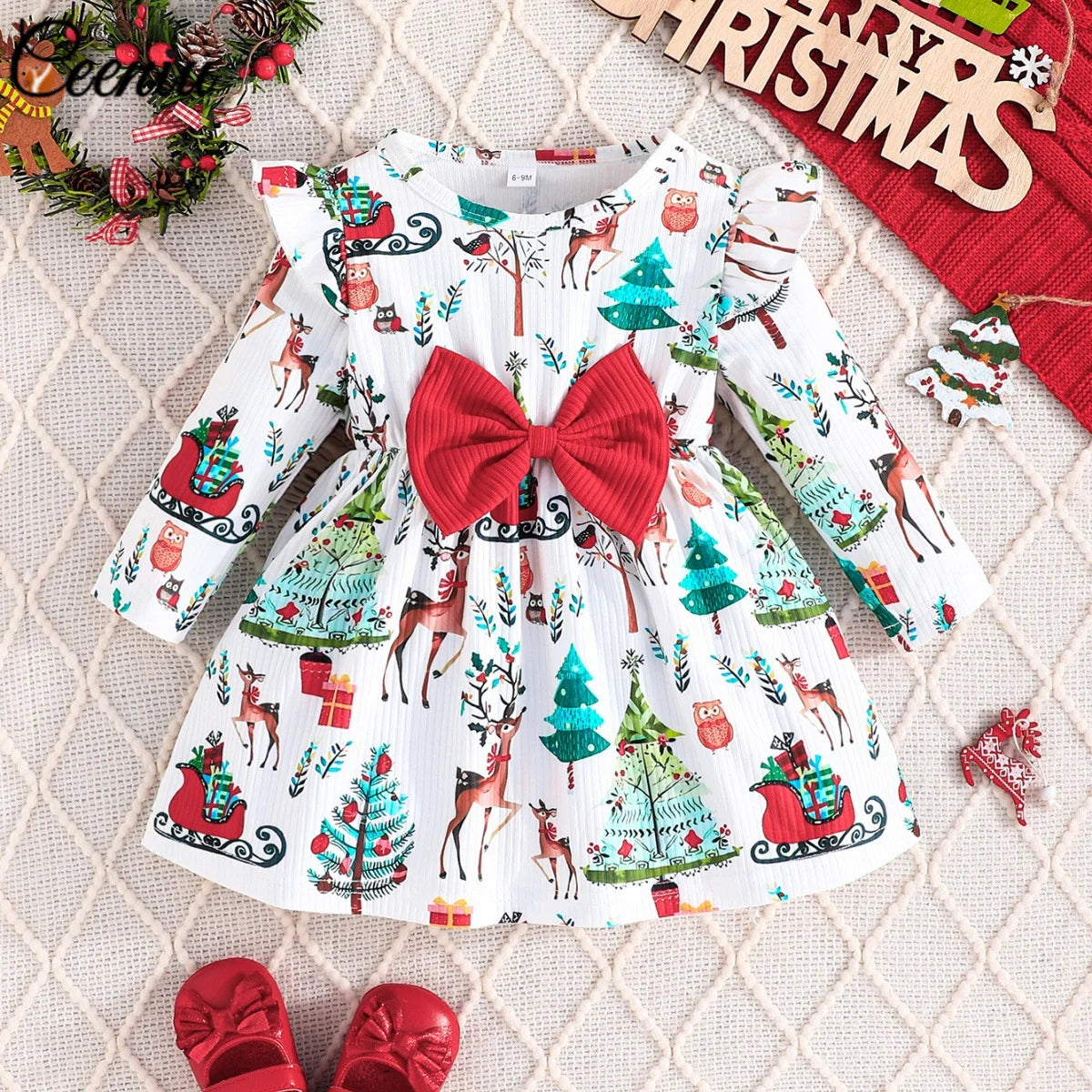 Baby Girl New Year Dress – Green Christmas Tree Print Outfit, “My First New Year” Costume for Newborns & Toddlers