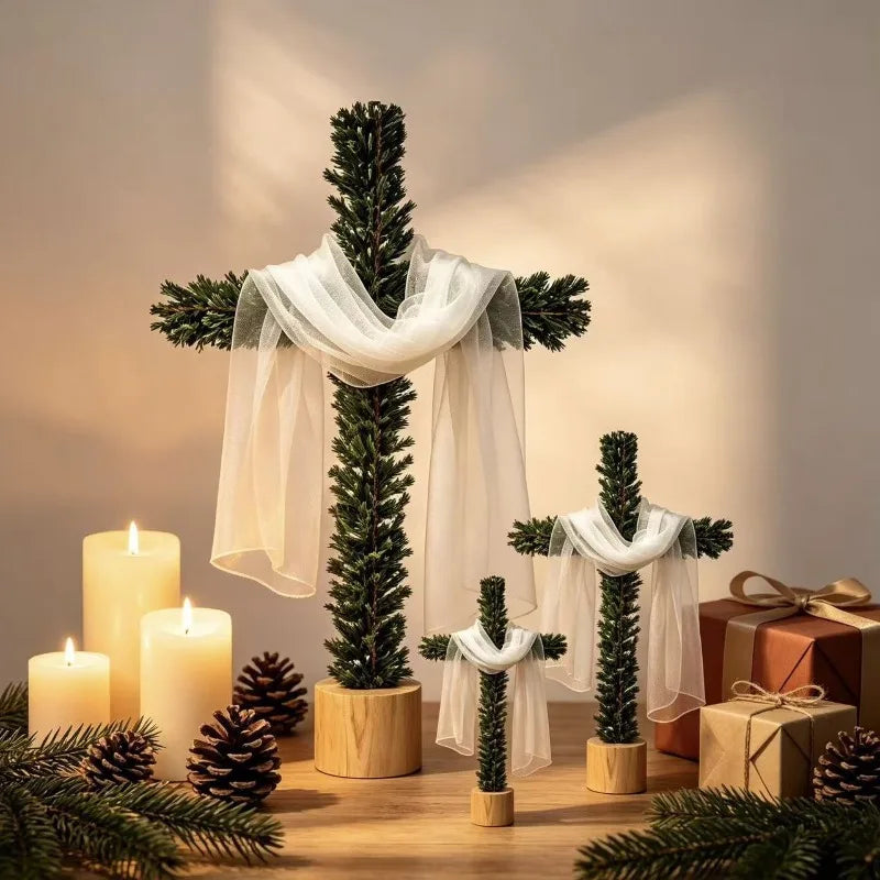 Artificial Pine-Style Greenery Cross with White Fabric Drape and Wood-Look Base for Christmas, Easter and Religious Tabletop Decor