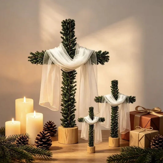 Artificial Pine-Style Greenery Cross with White Fabric Drape and Wood-Look Base for Christmas, Easter and Religious Tabletop Decor
