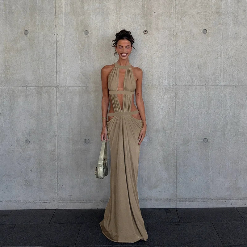 Women's Halter Cut-Out Backless Maxi Dress, Sleeveless Floor-Length