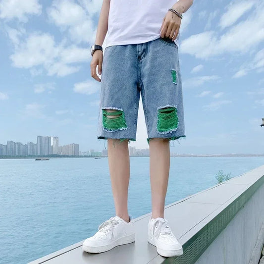 Men's Loose Ripped Denim Shorts – Oversized Baggy Fit, Lightweight Cowboy-Style Jorts, Youthful & Edgy Look