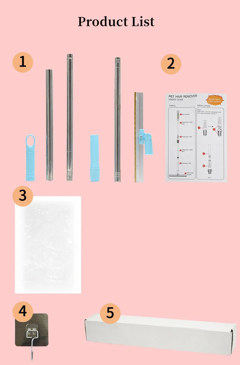 Pet Hair Remover Tool Set – Telescopic Handle Carpet Rake for Dog & Cat Fur, Rug and Upholstery Cleaner