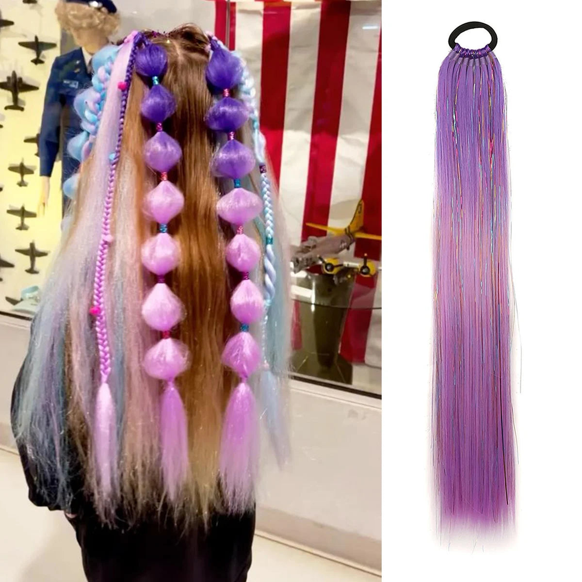 Glitter Tinsel Ponytail Hair Extension with Elastic Tie – Sparkly Braiding Hair Accessory for Kids & Girls