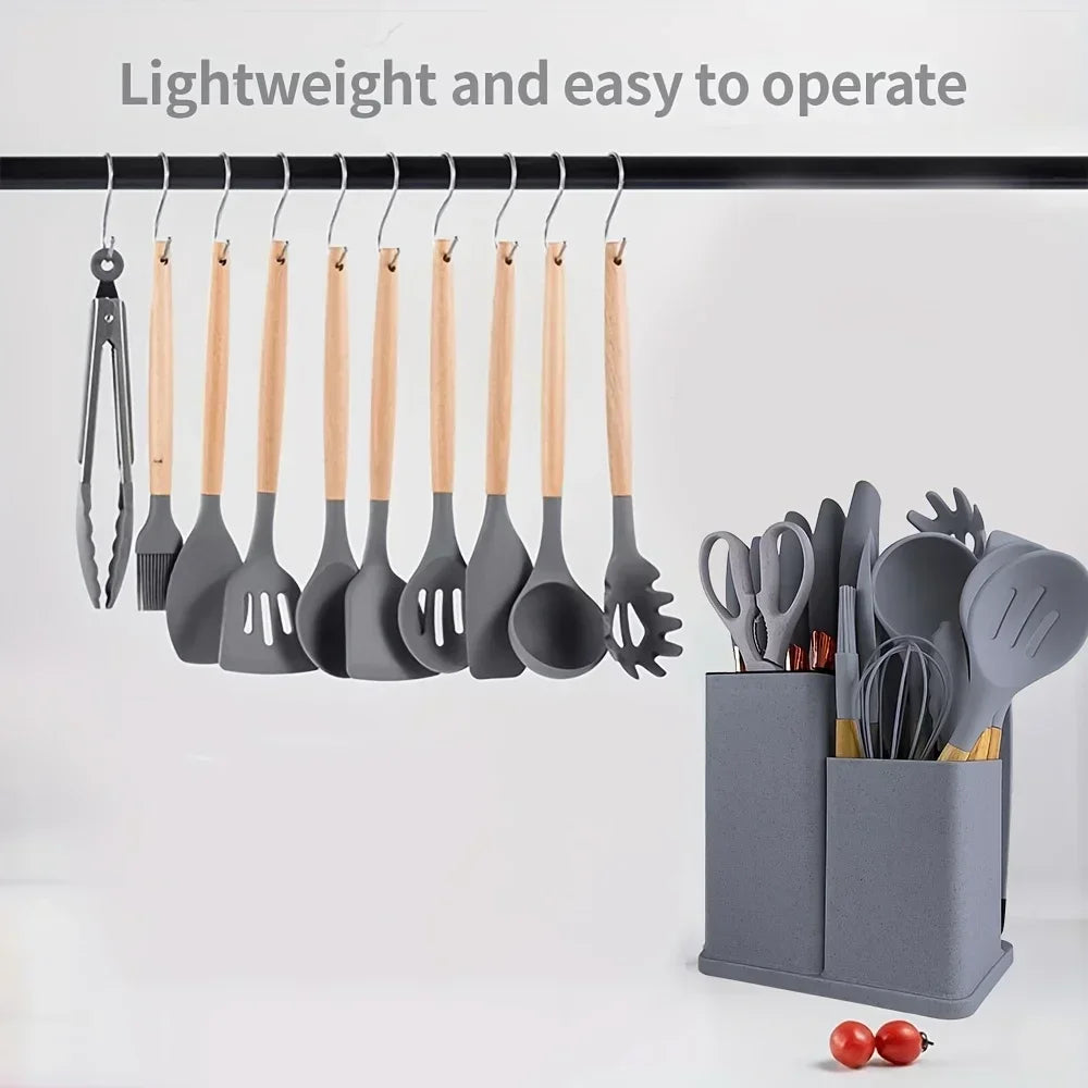 19-Piece Non-Stick Silicone Kitchen Utensil Set with Knives and Bamboo Storage – Heat-Resistant Tools Perfect for Cooking
