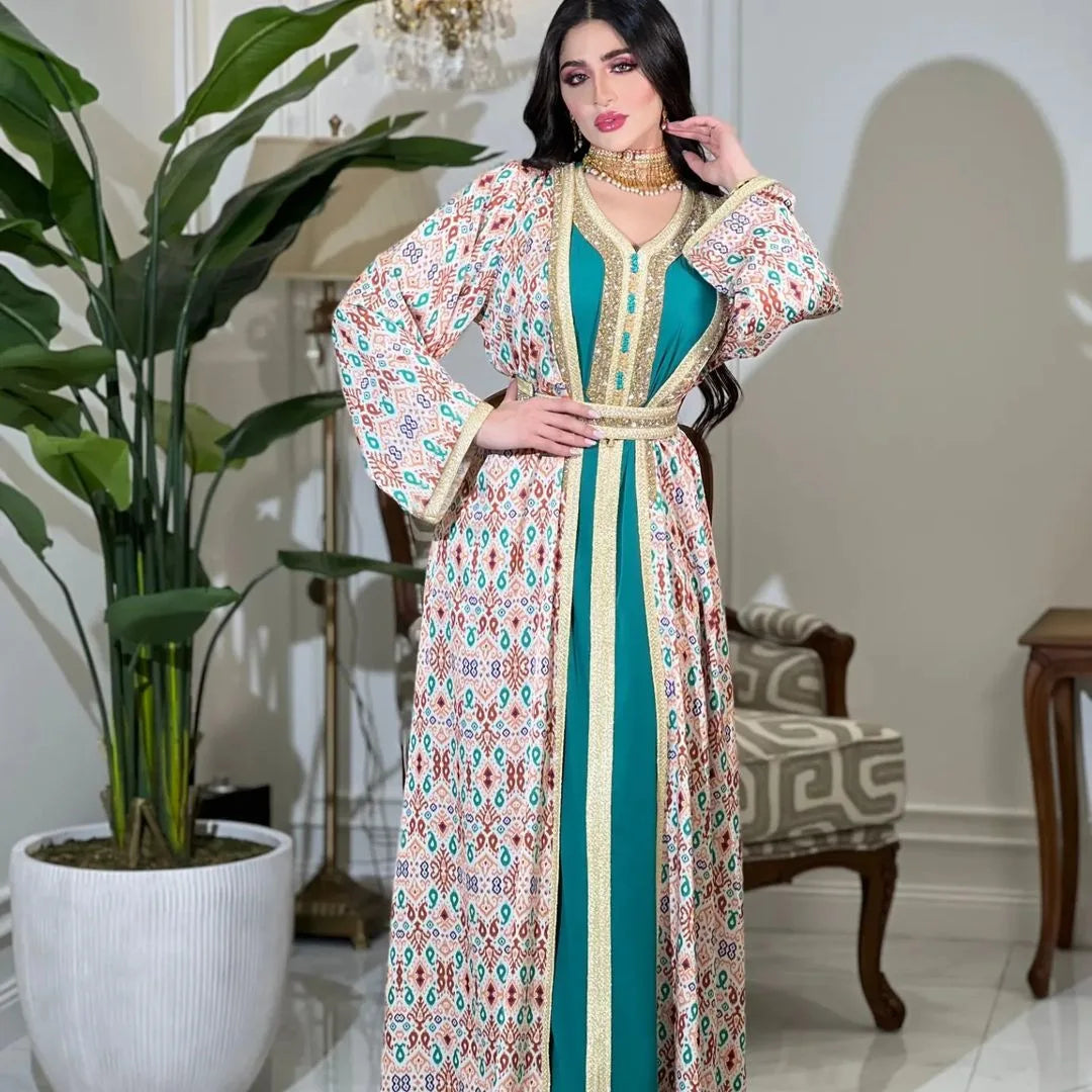 2026 Women’s Two-Piece Dress Set – Modest Islamic Long Maxi Dress, Elegant Rhinestone Embellished Outfit, Luxury Muslim Fashion for Party, Evening & Casual Wear