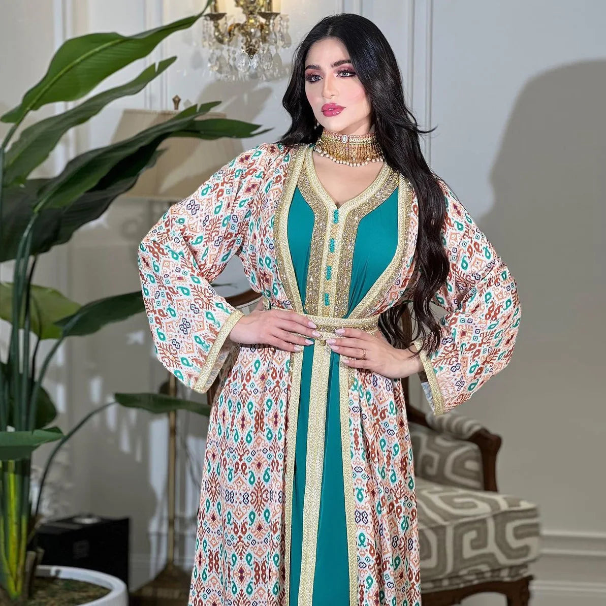 2026 Women’s Two-Piece Dress Set – Modest Islamic Long Maxi Dress, Elegant Rhinestone Embellished Outfit, Luxury Muslim Fashion for Party, Evening & Casual Wear