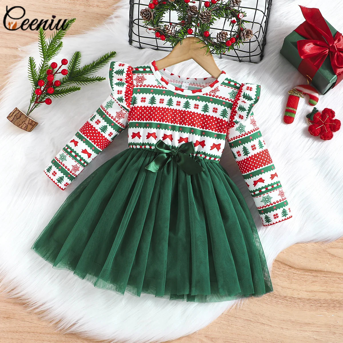 Baby Girl New Year Dress – Green Christmas Tree Print Outfit, “My First New Year” Costume for Newborns & Toddlers