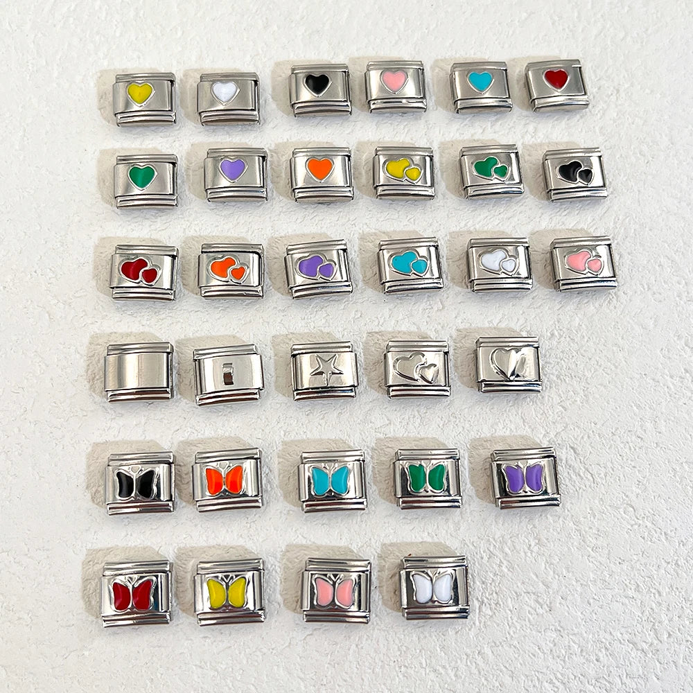 1pc DIY Bracelet Kit – 18 Stainless Steel & Enamel Charms (Love, Heart, Star, Butterfly), 9mm Links, Jewelry Making Wholesale