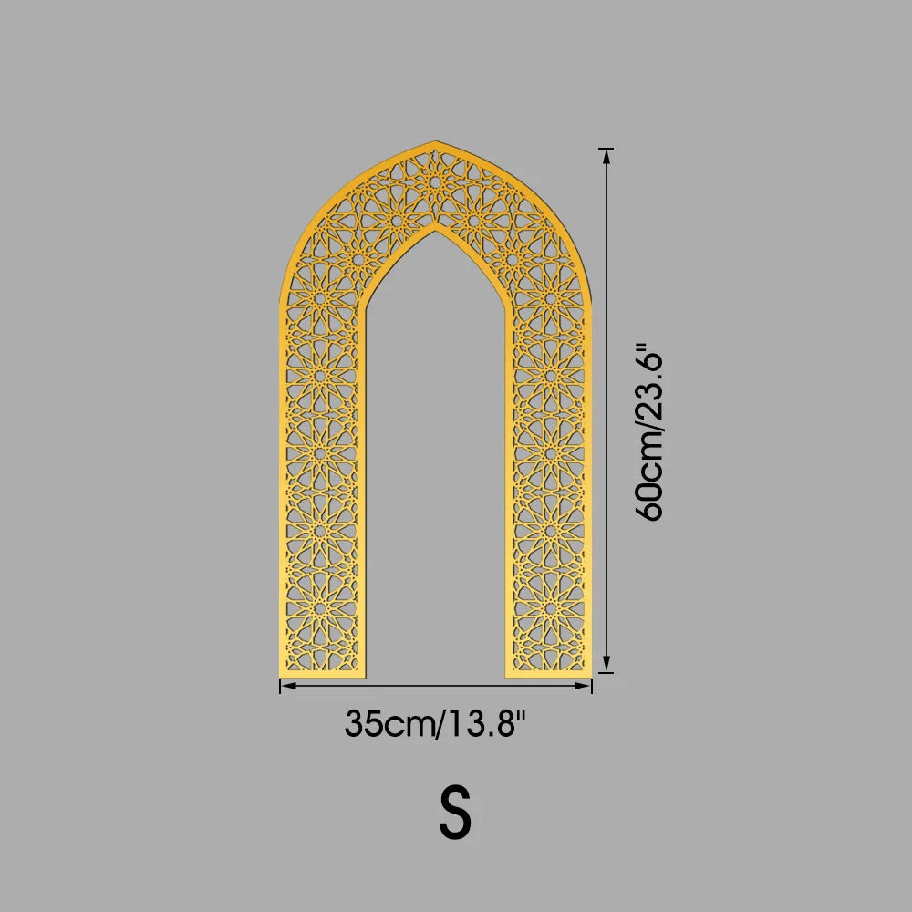 Islamic Arch Mirror Wall Sticker – Gold Acrylic 3D Mosque Frame Decal with Geometric Pattern for Ramadan & Eid Decor