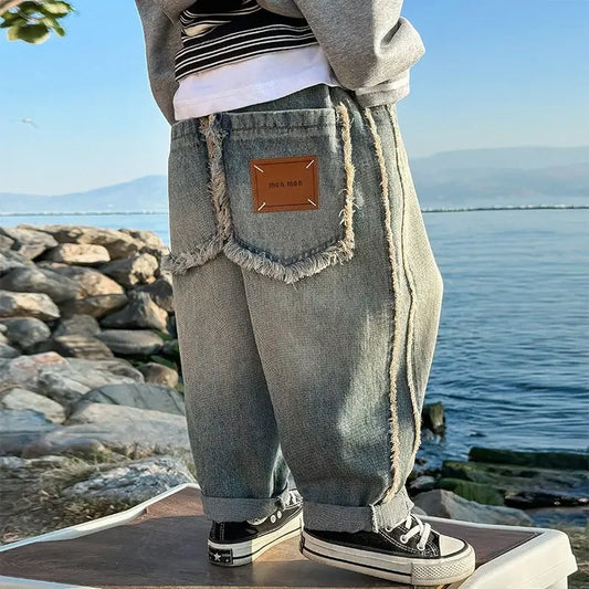 Spring Kids & Teens Streetwear Pants – Boys' Korean-Style Casual Straight-Leg Jeans with Elastic Waist