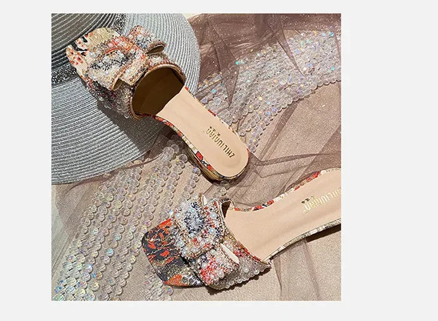 Women’s Slippers 2025 – Luxury Pearl Rhinestone Chunky Heel Sandals, Summer Butterfly-Knot Slip-On Shoes