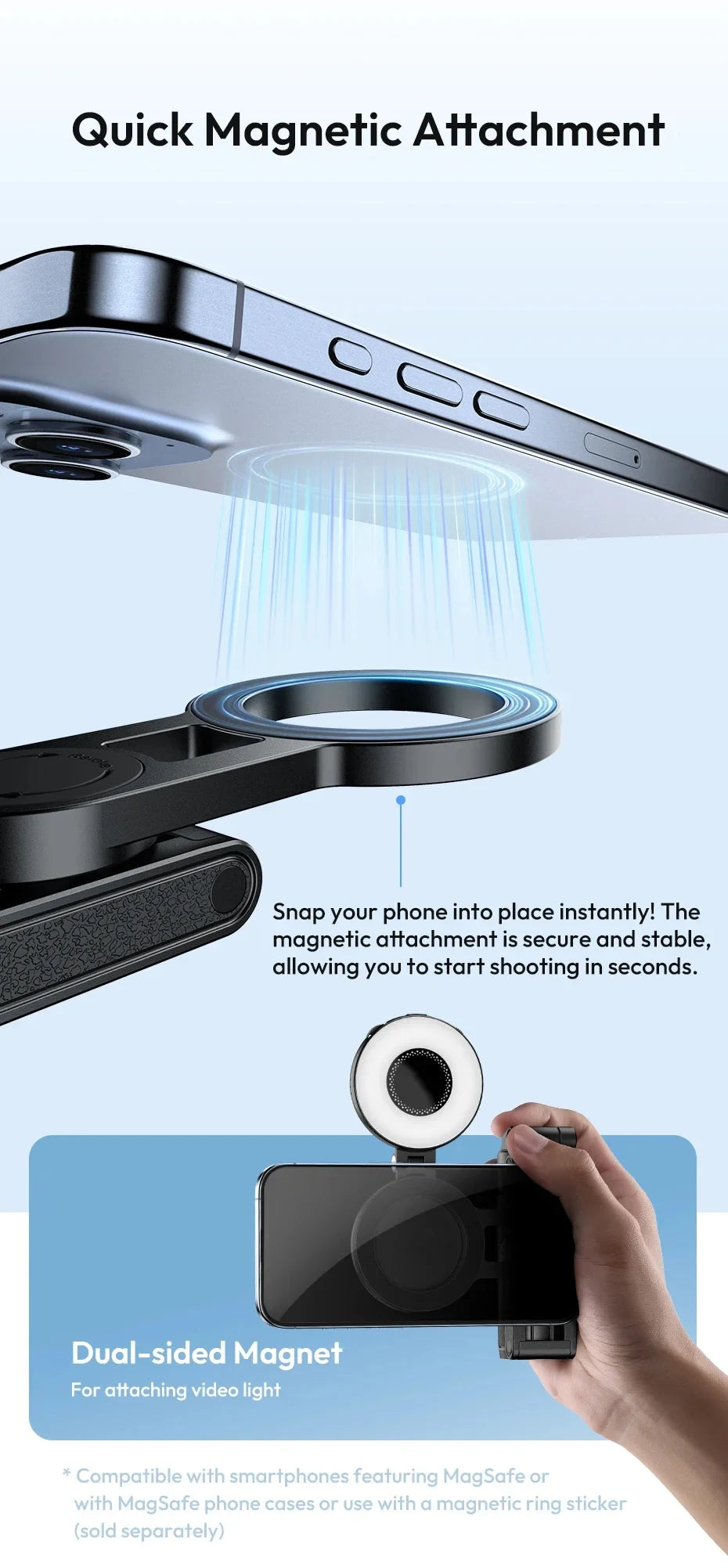 Magnetic Wireless Phone Grip & Selfie Stick Tripod – Compatible with iPhone 16/15/14/13/12 Pro Max & Samsung