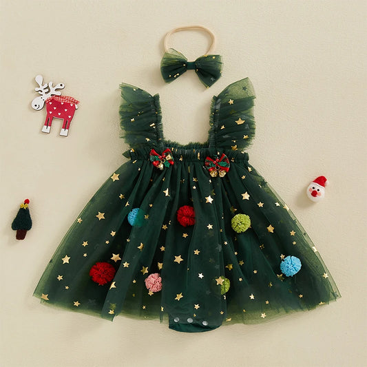 Infant Girl Christmas Romper – Princess Style Jumpsuit with Bells & Matching Headband
