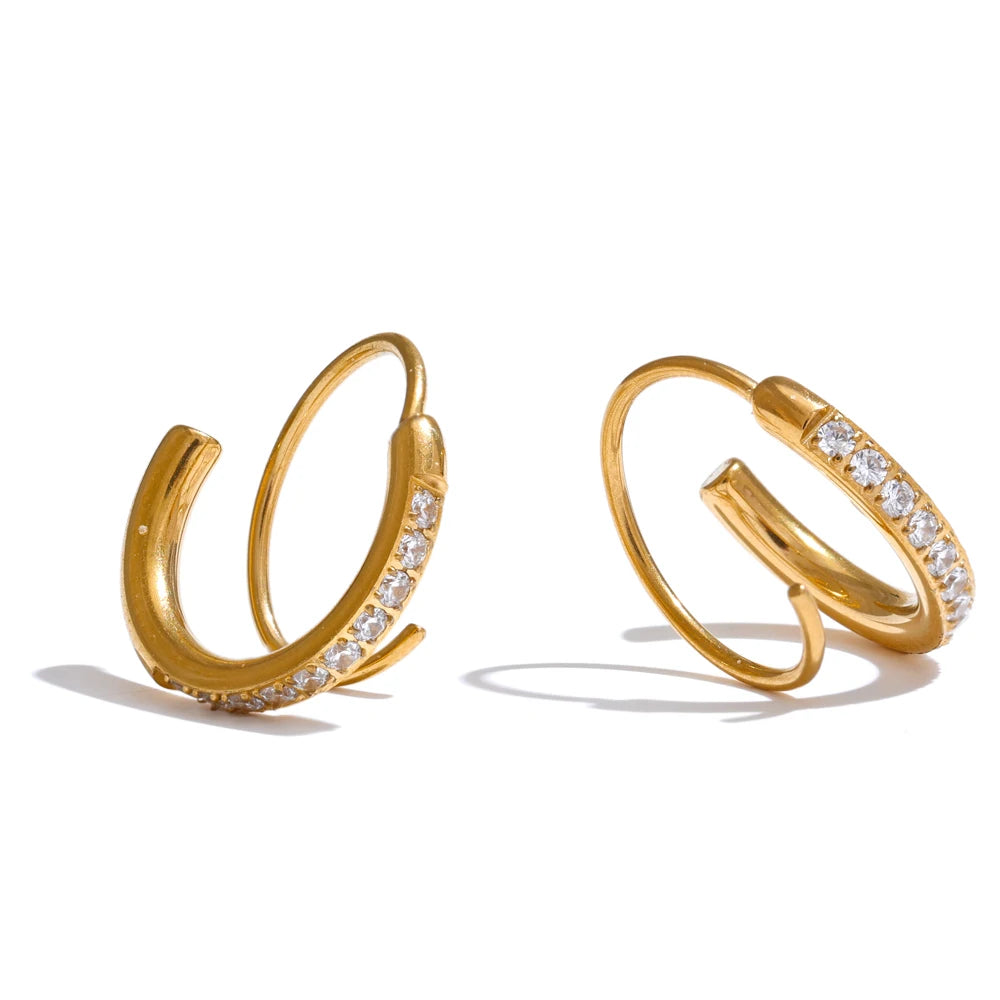 Stainless Steel Twisted Hoop Earrings with Cubic Zirconia for Women – Double-Look Design, Waterproof Fashion Jewelry