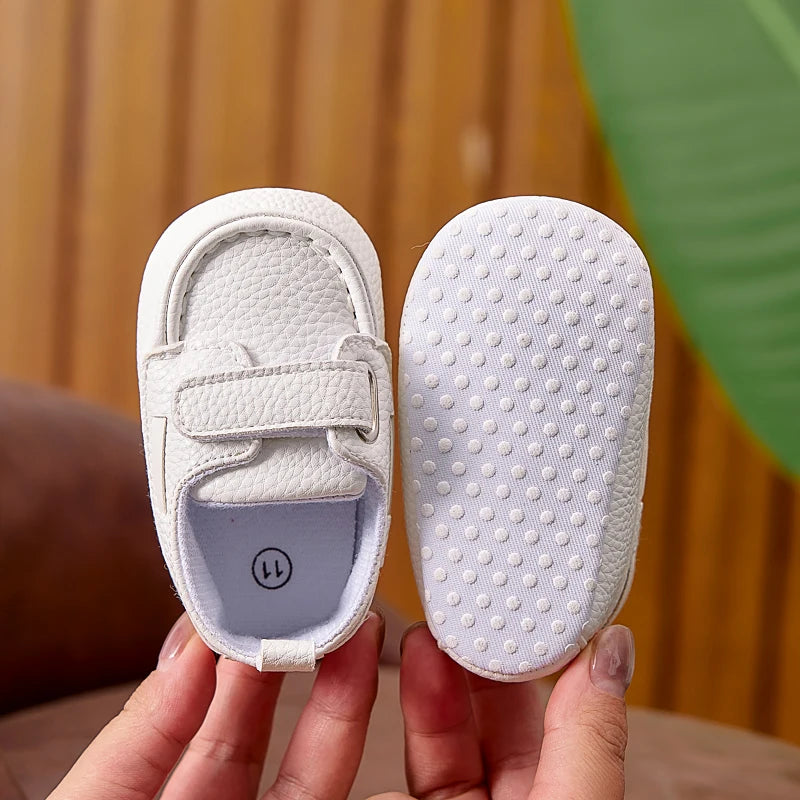 Baby Soft-Sole Loafer Shoes with Hook-and-Loop Straps, PU Leather Prewalker Moccasin Style