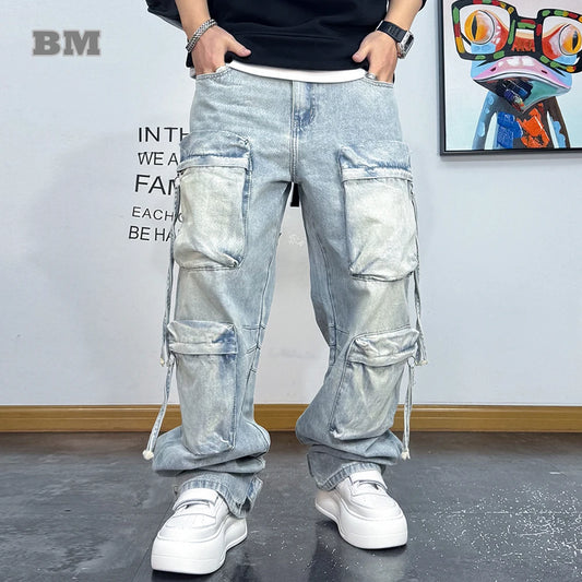 Men’s Streetwear Cargo Jeans – Heavyweight Denim, Multi-Pocket, Oversized Fit, Stacked Straight-Leg Hip Hop Pants