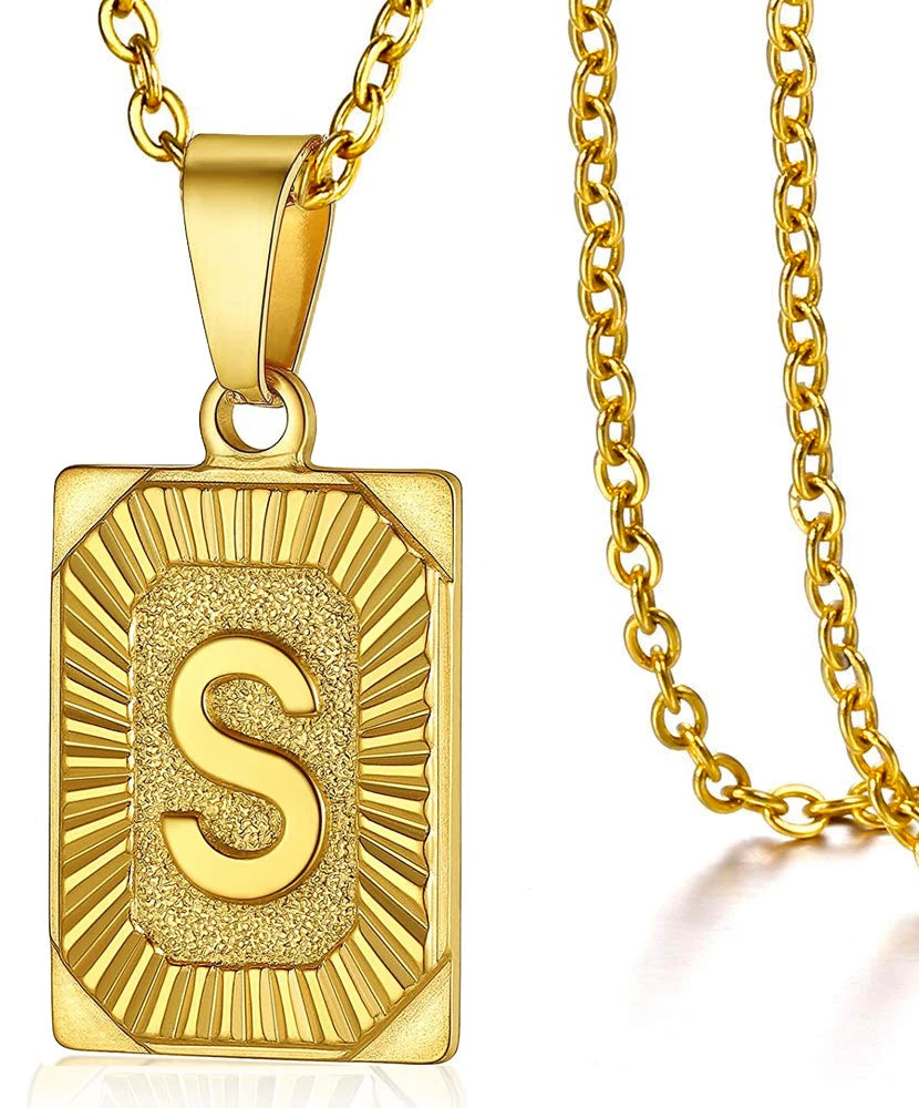 Initial Letter Pendant Necklace – Stainless Steel Cuban Link Chain, Square Charm Alphabet Necklace for Men & Women, Couple Gift Jewelry