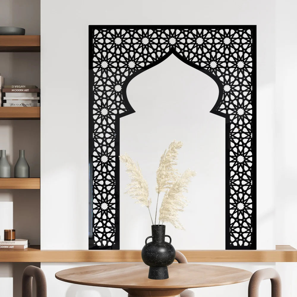 Islamic Arch Mirror Wall Sticker – Gold Acrylic 3D Mosque Frame Decal with Geometric Pattern for Ramadan & Eid Decor