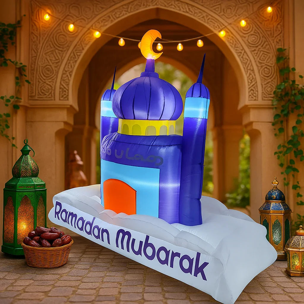 Islamic Ramadan & Eid Inflatable Mosque Decoration with LED Lights, 7FT Outdoor Yard Ornament