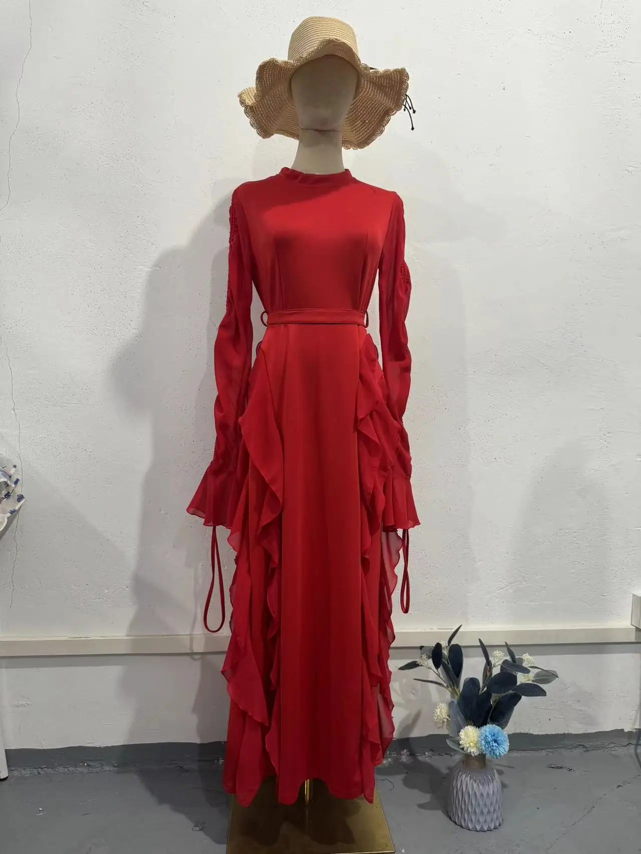 Eid Luxe Flow Gown – Elegant Modestwear Kaftan Inspired by Moroccan Jalabiya, Ruffle Trim Dubai Style Robe Dress for Women"