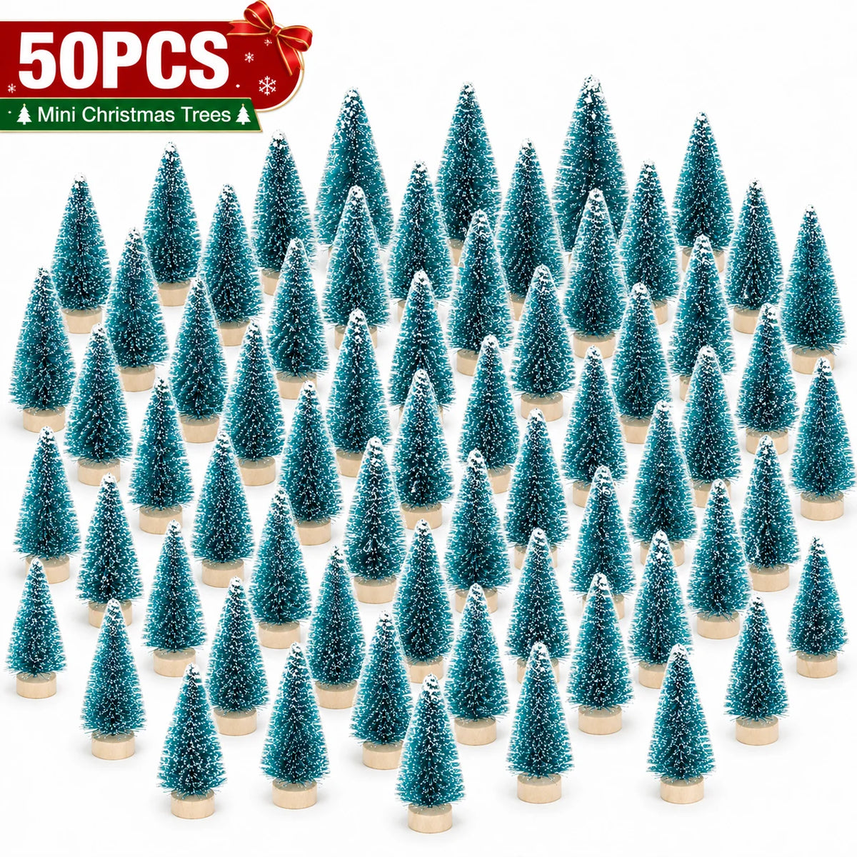50-Piece Mini Snow-Flocked Bottle Brush Christmas Tree Set with Wooden Bases for Holiday Villages, Tabletop Displays and DIY Winter Crafts