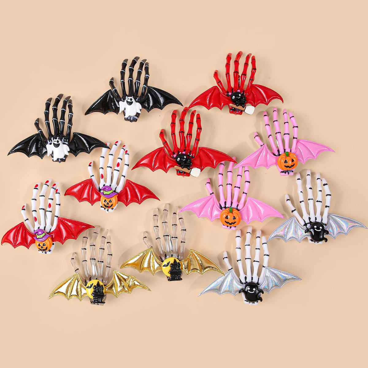 Halloween Skeleton Hand Hair Clips with Bat Wings, Pumpkin and Ghost Details for Gothic Hairstyles, Cosplay Costumes and Themed Parties
