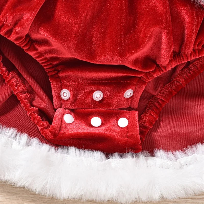 Baby Girl Christmas Outfit – Velvet Romper Dress with Terry Trim, Long Sleeve Jumpsuit & Santa Hat, 0–18 Months, Fall & Holiday Outfit