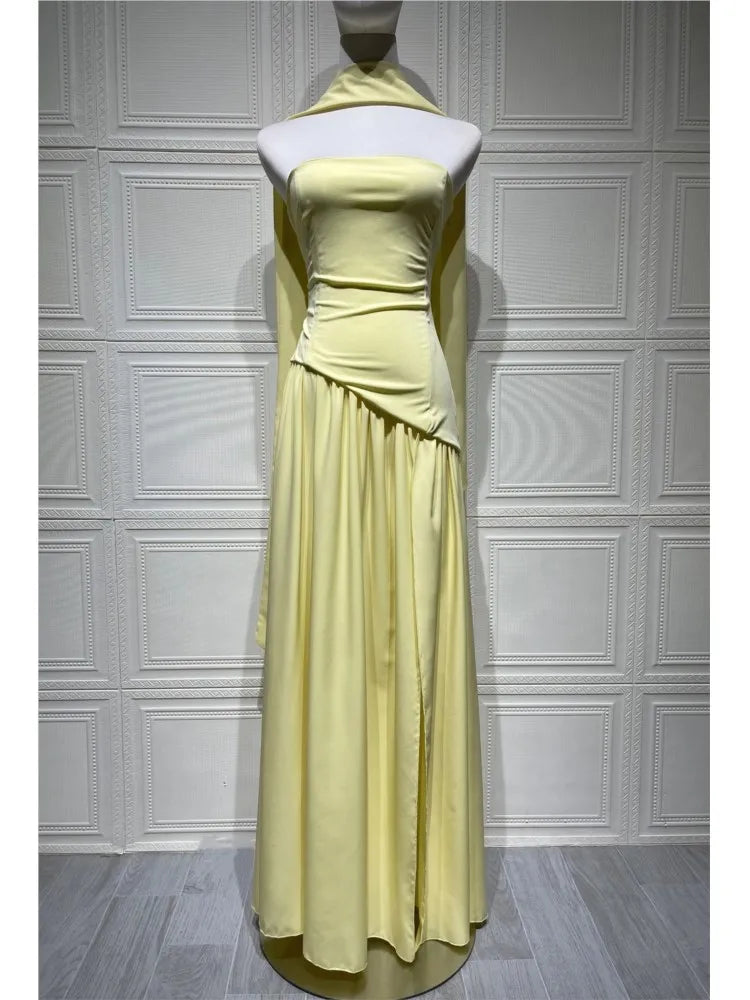 Elegant Pleated Long Dress for Women – Off-Shoulder, Scarf Neck, High Slit | Party & Evening Gown
