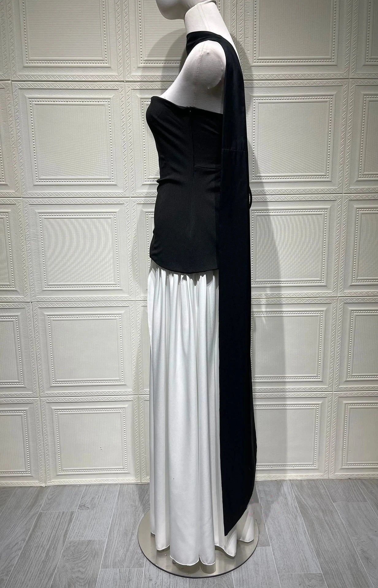 Elegant Pleated Long Dress for Women – Off-Shoulder, Scarf Neck, High Slit | Party & Evening Gown