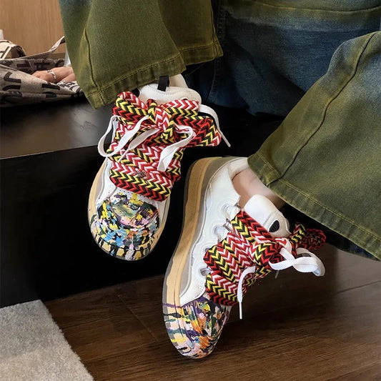 Thick Sole Casual Sneakers – Mixed Color Lace-Up Skateboard Shoes, Round Toe Breathable Outdoor Fashion Shoes